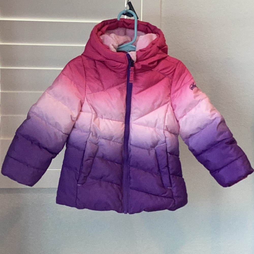 Snozu Pink and Purple Ombre Puffer Jacket with Hood, Size 2T, like new.